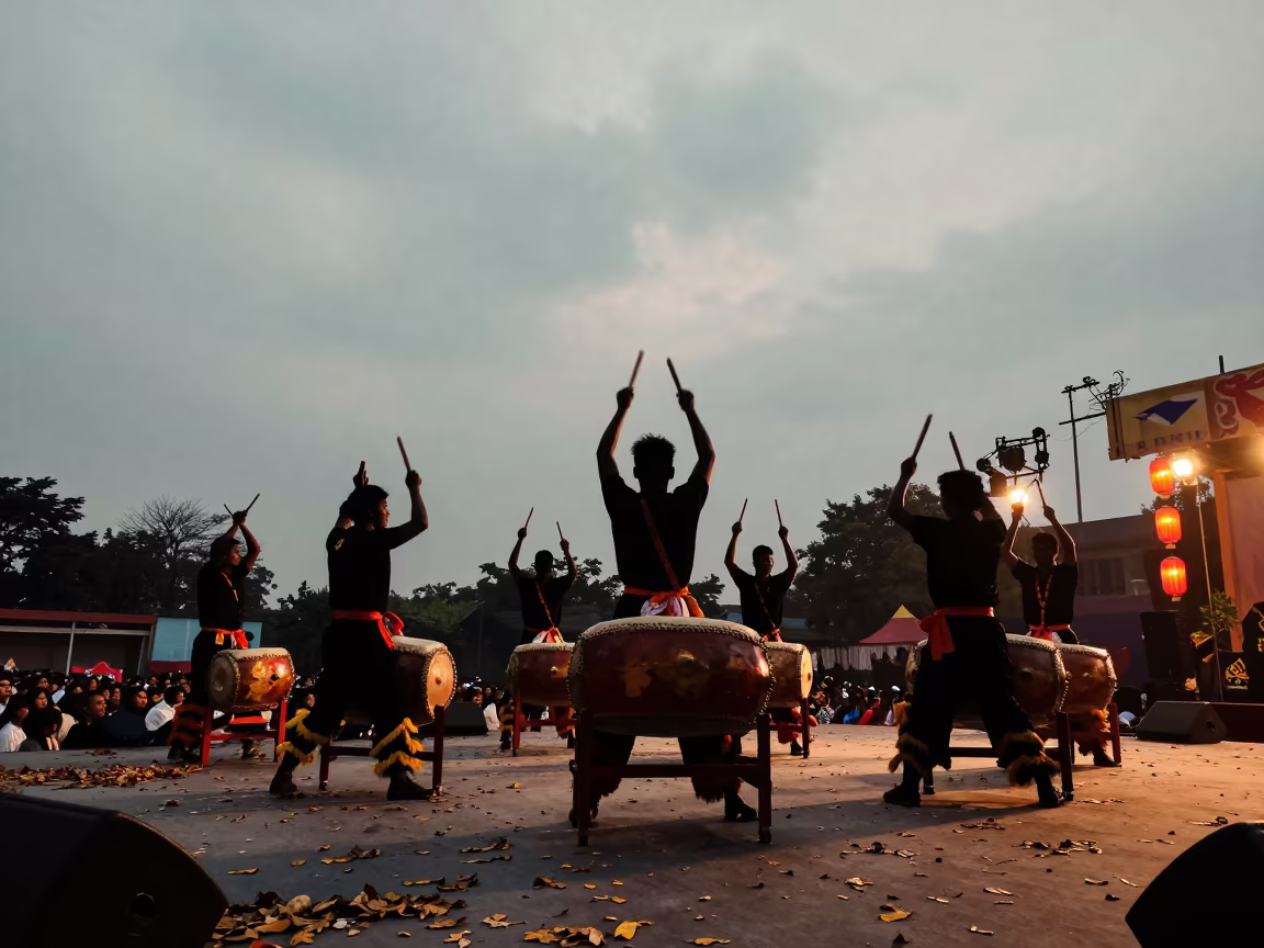 Lion Drummers Silhouette on Narnaul Festival Stage in on a festival main stage in Narnaul