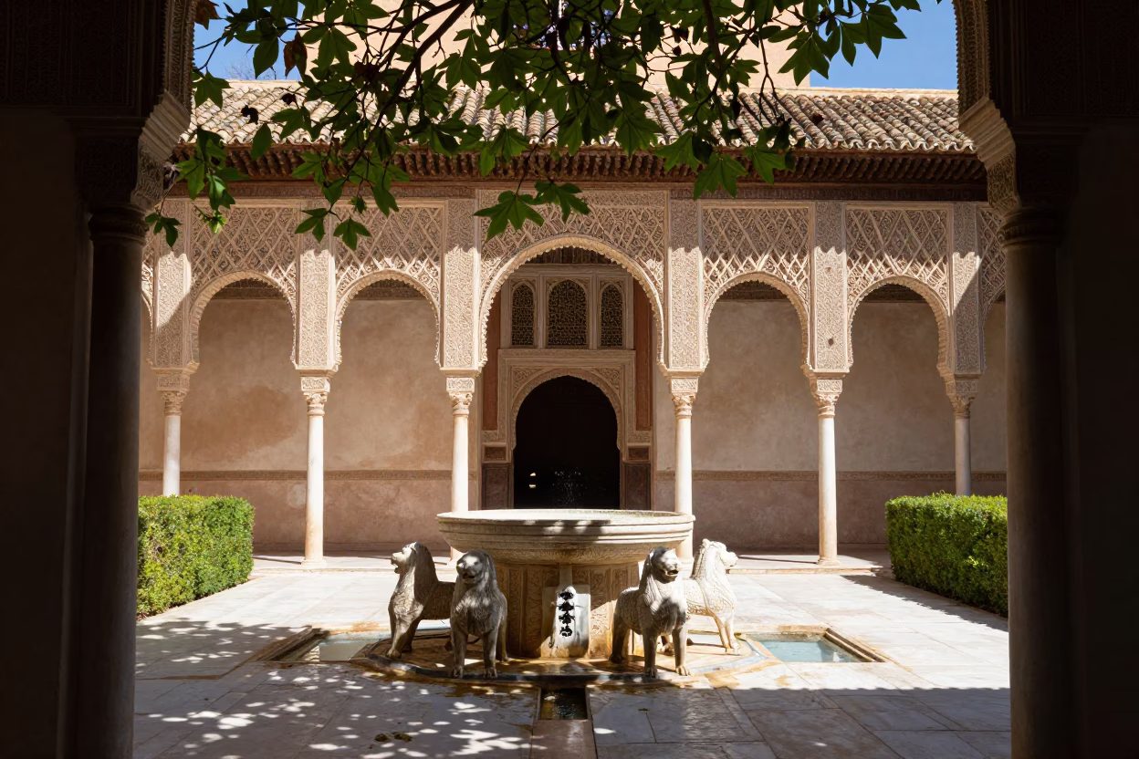 Lion Fountain in Alhambra Courtyard Dappled Light in above a glacial stream near Granada