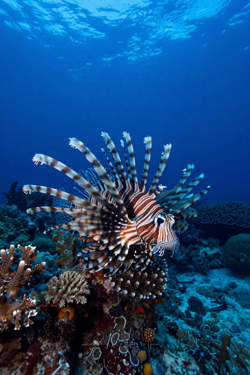 Lionfish Fins Under Reef Overhang Blue Twilight in along a coral wall with blue water beyond near Denpasar