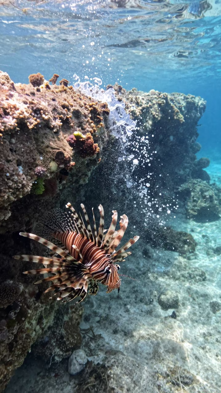 Lionfish Hovering Over Upslope Reef Water in beside a reef crevice under clear water near Stone Town