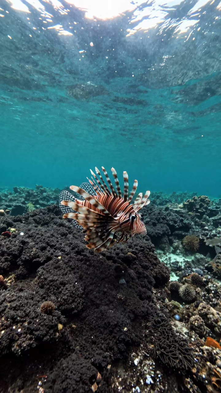 Lionfish Hovering Over Volcanic Reef Ledge Cebu in beside a volcanic reef overhang near Cebu