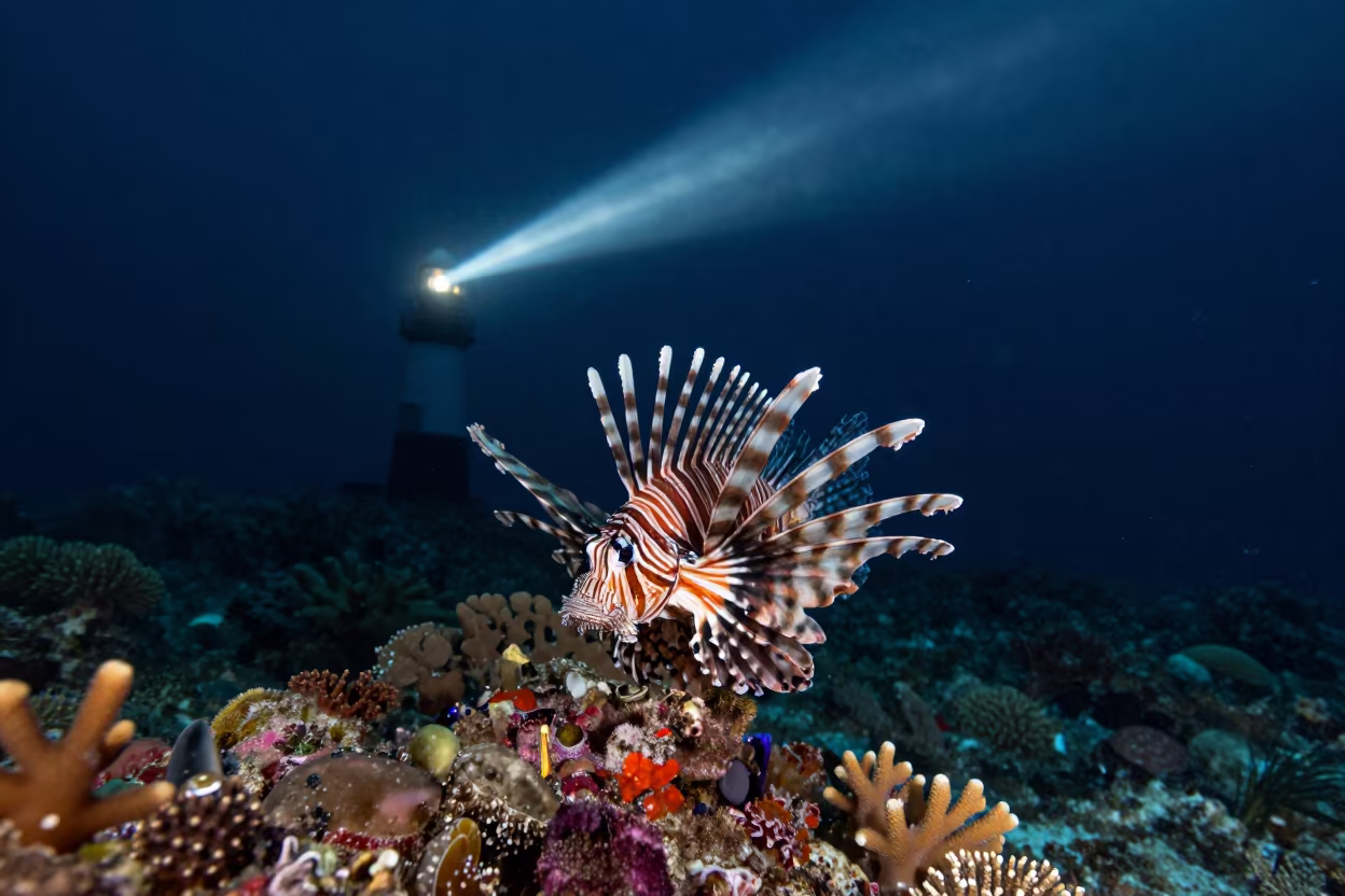Lionfish in Lighthouse Beam Over Belize Reef in beneath a reef ledge in tropical shallows near Belize City