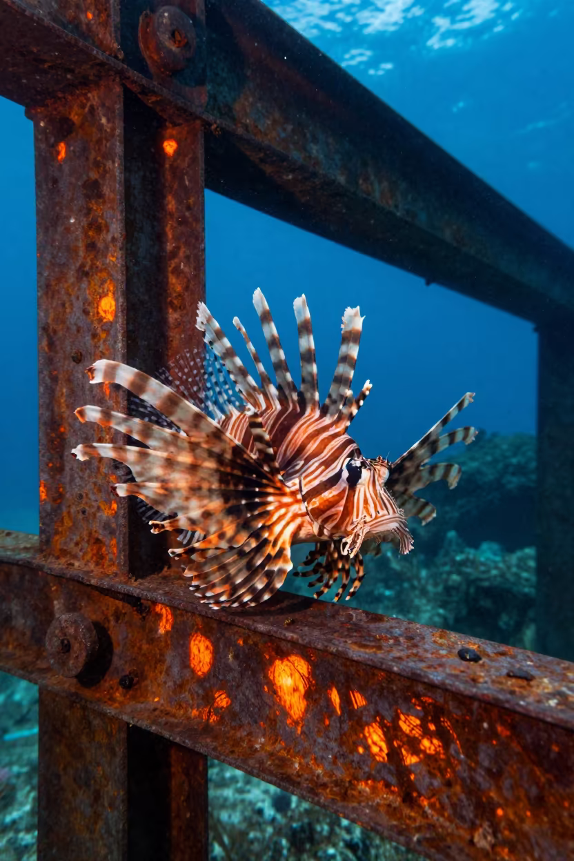 Lionfish Near Wreck Beam in Belize Shallows in beneath a reef ledge in tropical shallows near Belize City