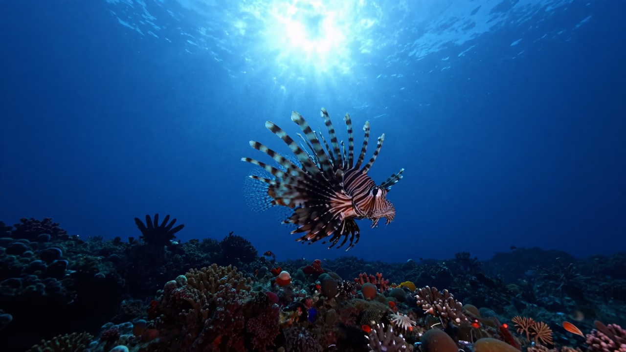 Lionfish Silhouette Moonlight Reef Bali in beneath a reef ledge in tropical shallows near Denpasar