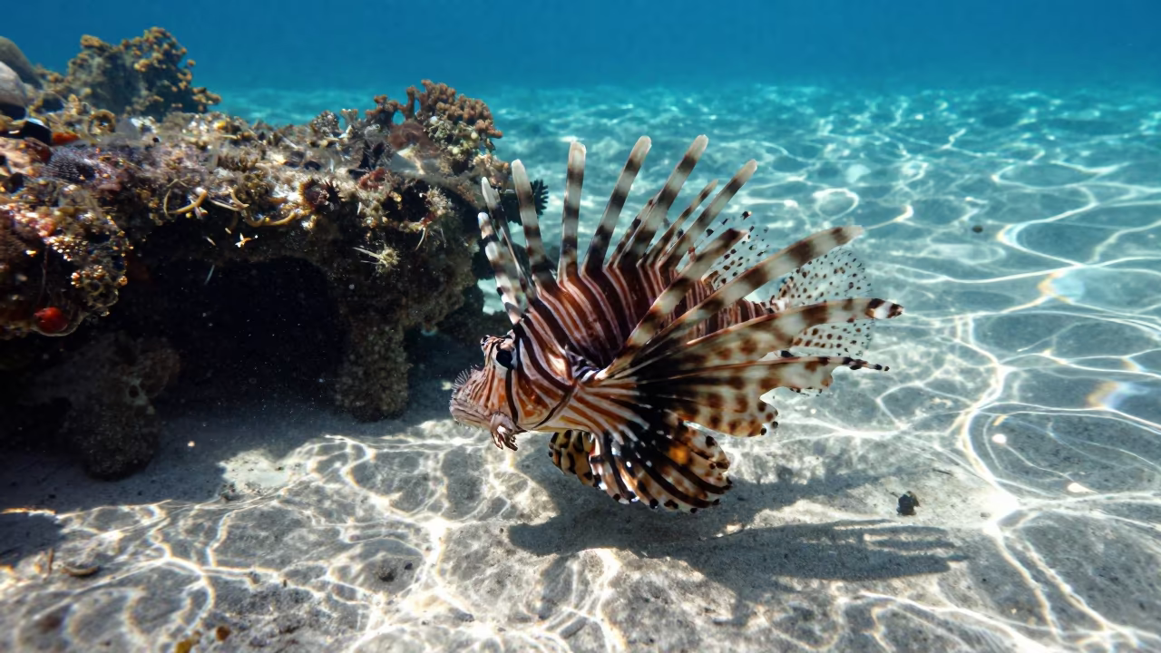 Lionfish Silhouette Over Reef Ledge Noon in beside a reef crevice under clear water near Cairns