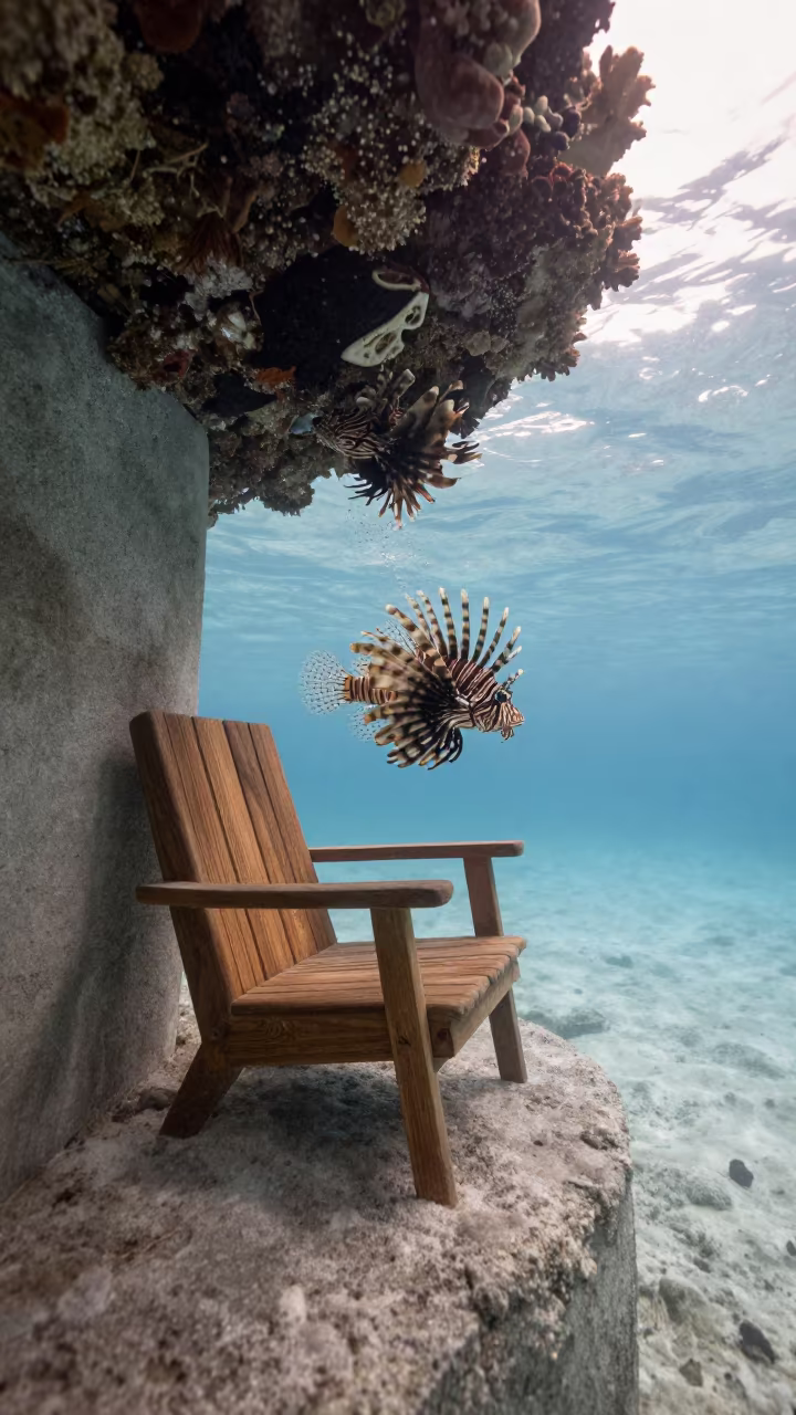 Lionfish Under Volcanic Reef Stone Furniture in beside a volcanic reef overhang near Zanzibar