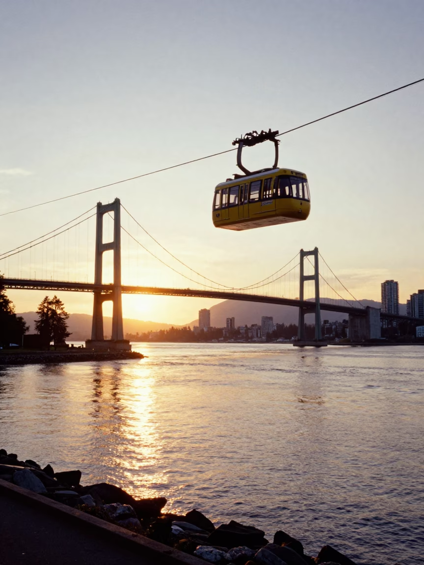Lions Gate Bridge And Harbor Waterfront at Golden Hour in Vancouver in in Vancouver, British Columbia, Canada