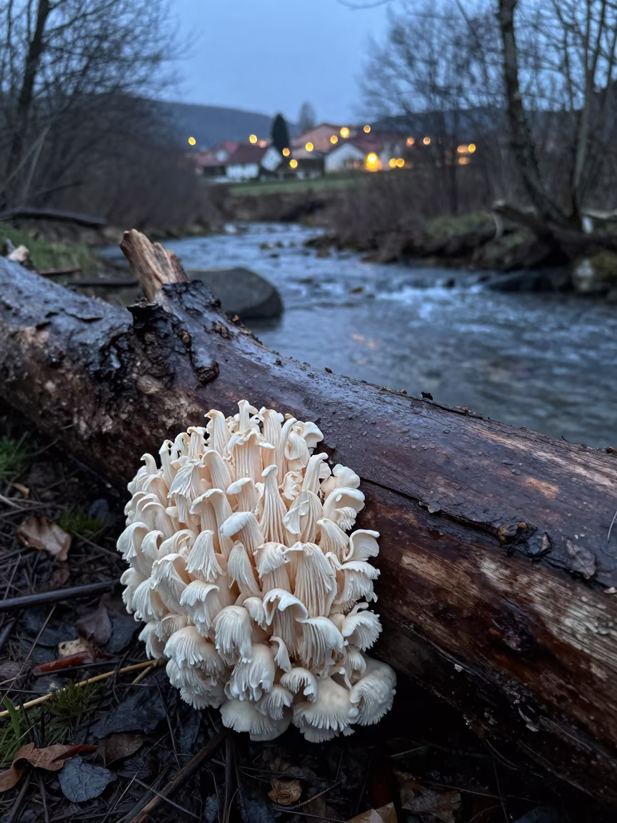Lion's Mane Mushroom on Fallen Beech in Spain in above a glacial stream in Spain