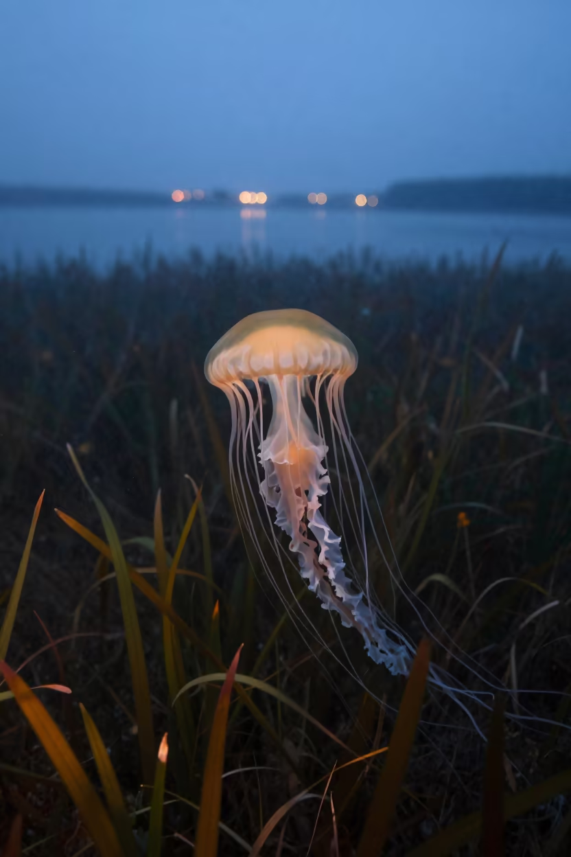 Lion's Mane Jellyfish Drifting Over Seagrass in above a seagrass meadow in Australia