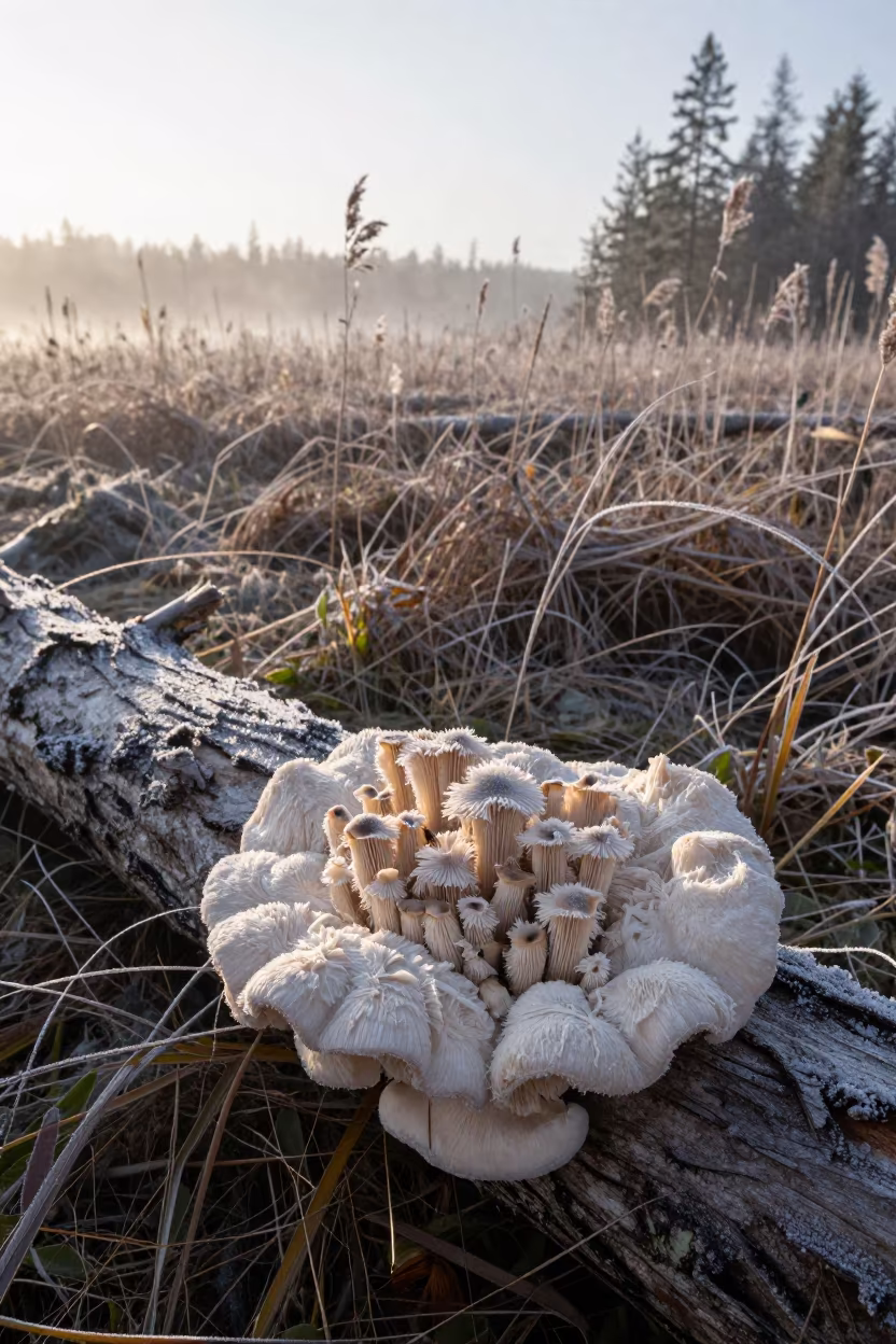 Lion's Mane Mushroom on Beech Trunk in Frosty Urals in at the edge of a reed bed in the Urals