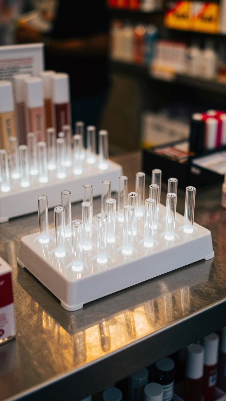 Lip Gloss Tester Tray Before Beauty Service in in a beauty supply area under white LEDs near Algiers