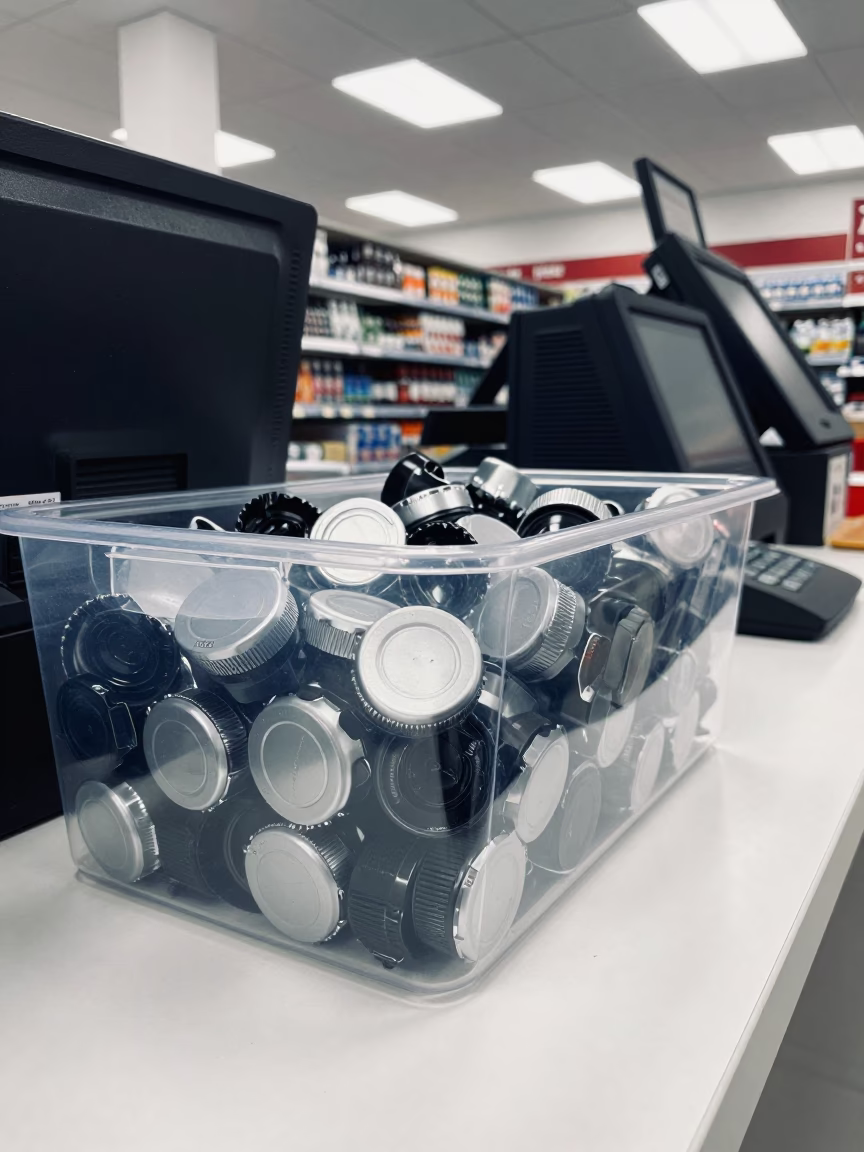 Liquor Bottle Security Cap Bin Midday Reset in at a checkout lane under flat store light in Mekelle