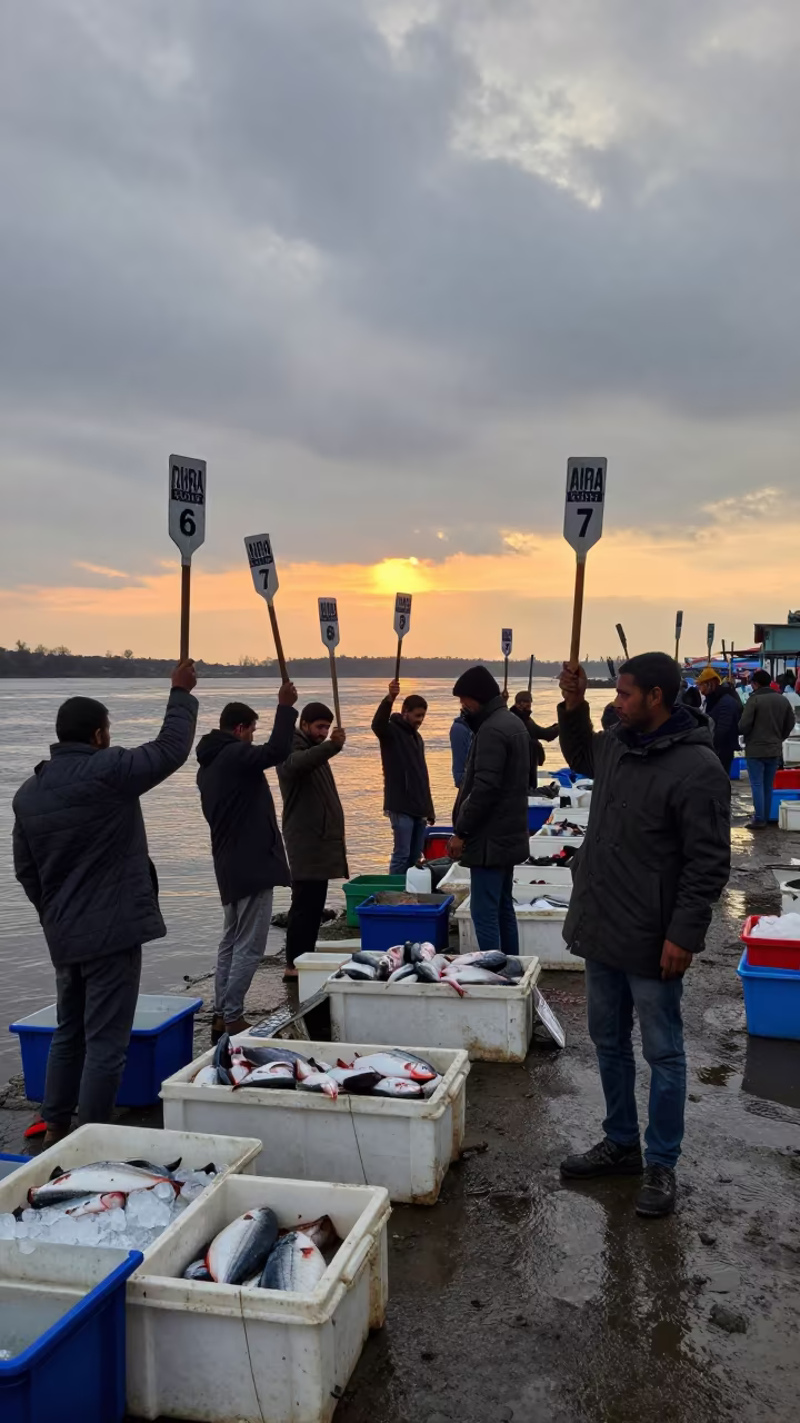Lira River Fish Auction Under Orange Sky in by a riverbank near Lira