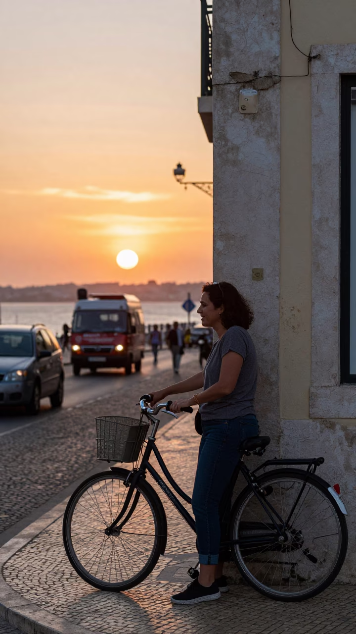 Lisbon 1990s Street Scene at As The Sun Drops Toward The Horizon in in Lisbon, Portugal