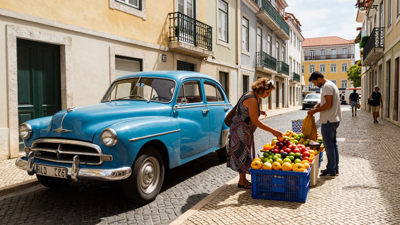 Lisbon Afternoon Street Scene With Vintage Car And Local Market in in Lisbon, Portugal