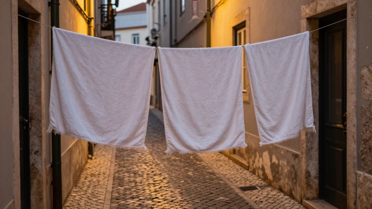 Lisbon Alfama Alleyway Evening Light with Drying Towels and Plant Pots in in Lisbon, Portugal