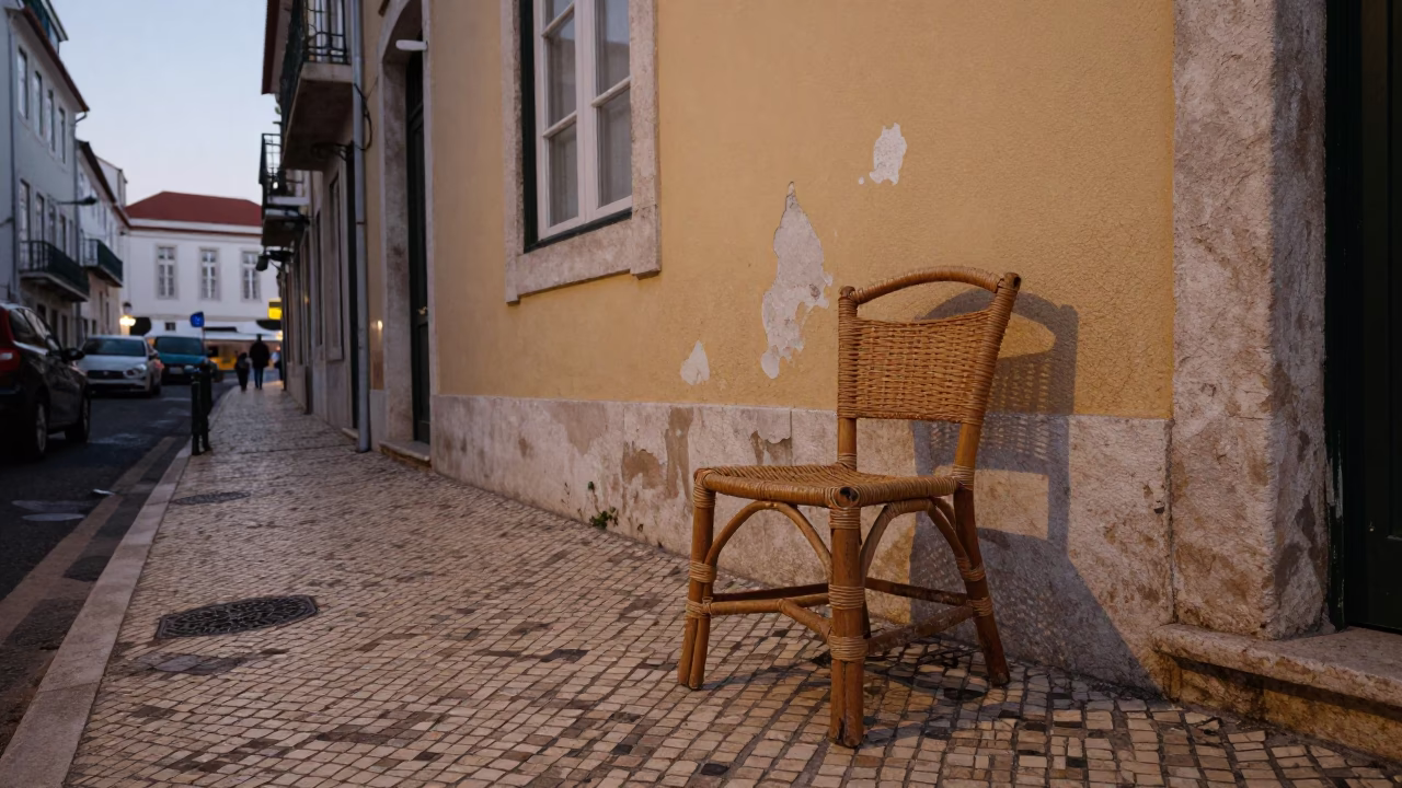 Lisbon Alfama Evening Street Scene with Rattan Chair and Scaffold Geometry in in Lisbon, Portugal