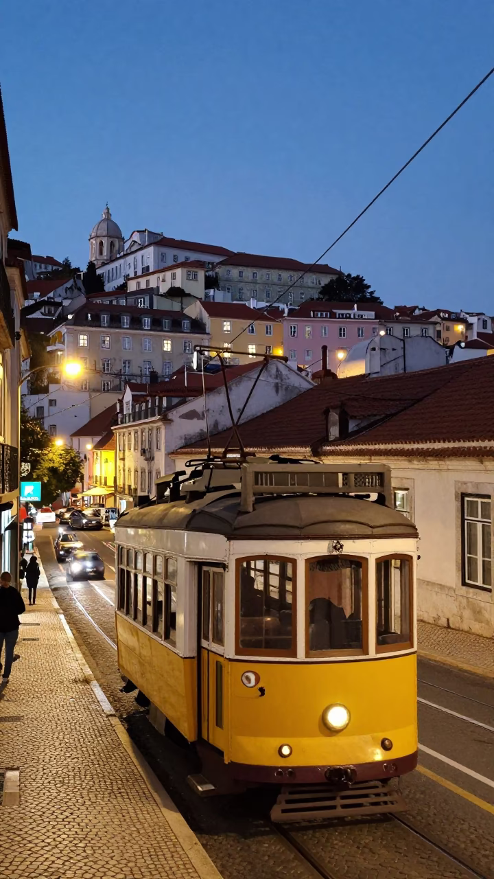 Lisbon Alfama Evening View with Tram and City Lights Glow in in Lisbon, Portugal