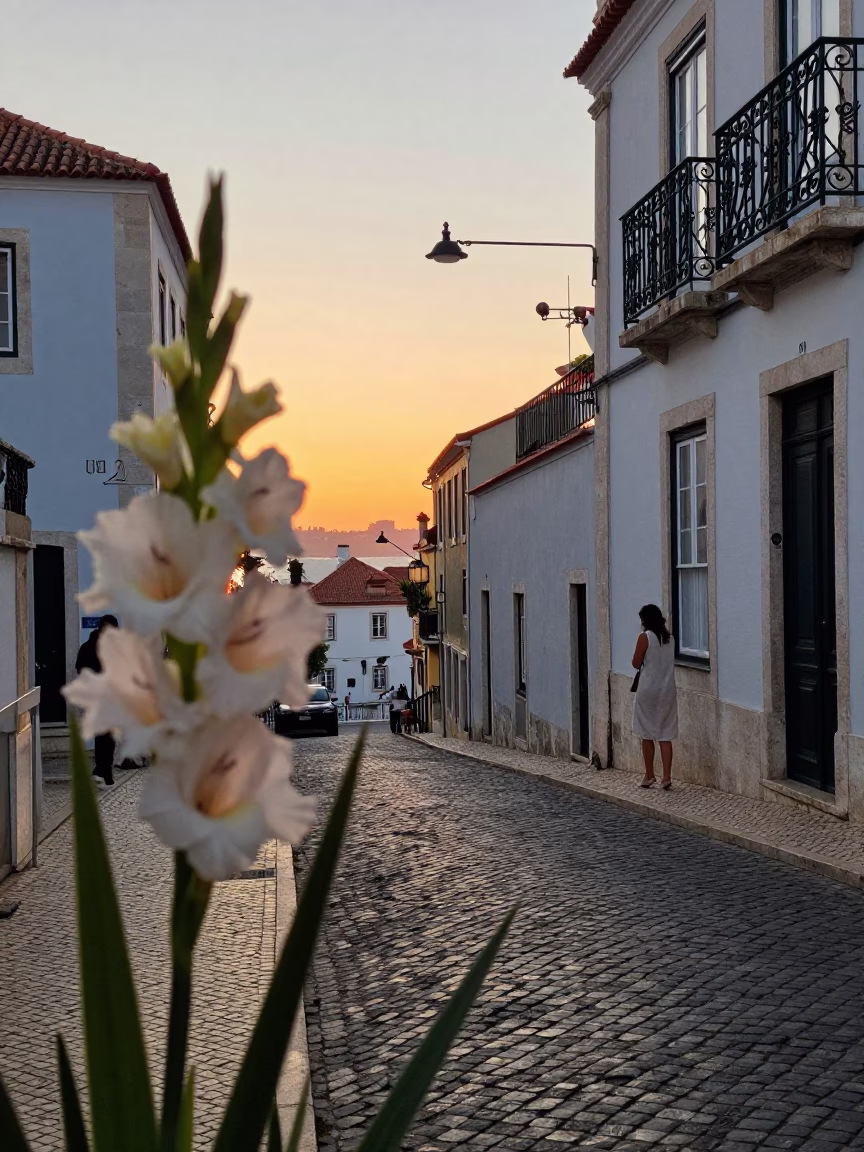 Lisbon Alfama street scene at dusk with gladiolus spike and ceramic tiles in in Lisbon, Portugal