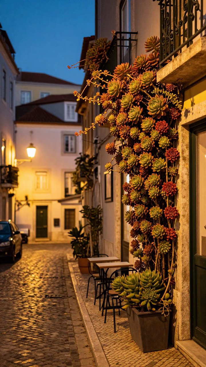Lisbon Alfama street scene at dusk with succulents and casual pedestrian in in Lisbon, Portugal