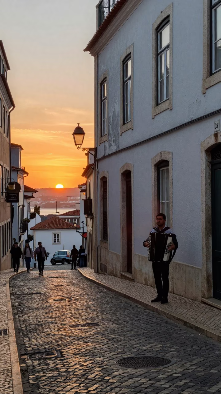 Lisbon Alfama Street Scene at Sunset with Accordion Player and Traditional Architecture in in Lisbon, Portugal