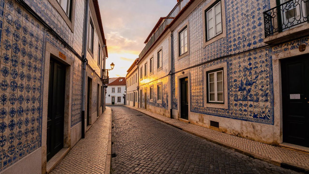 Lisbon Alfama Street Scene with Azulejo Tiles and Evening Light in in Lisbon, Portugal