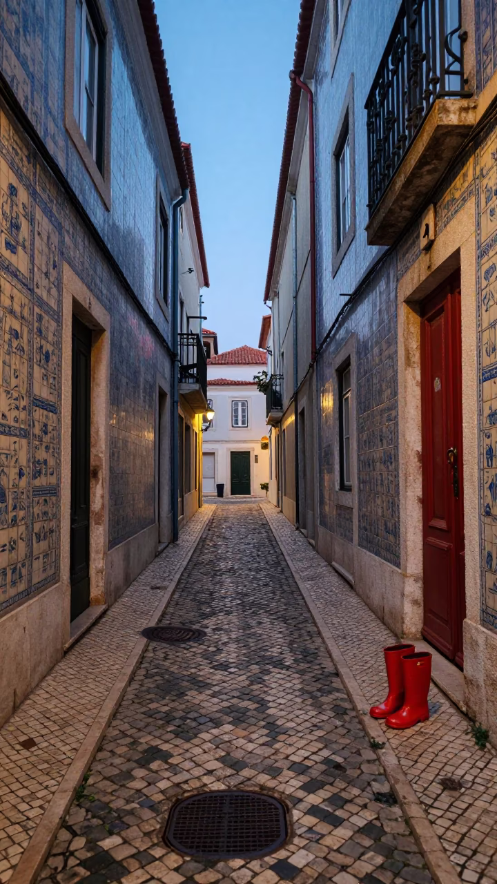 Lisbon Alleyway Before Dawn with Rain Boots and Red Wood in in Lisbon, Portugal