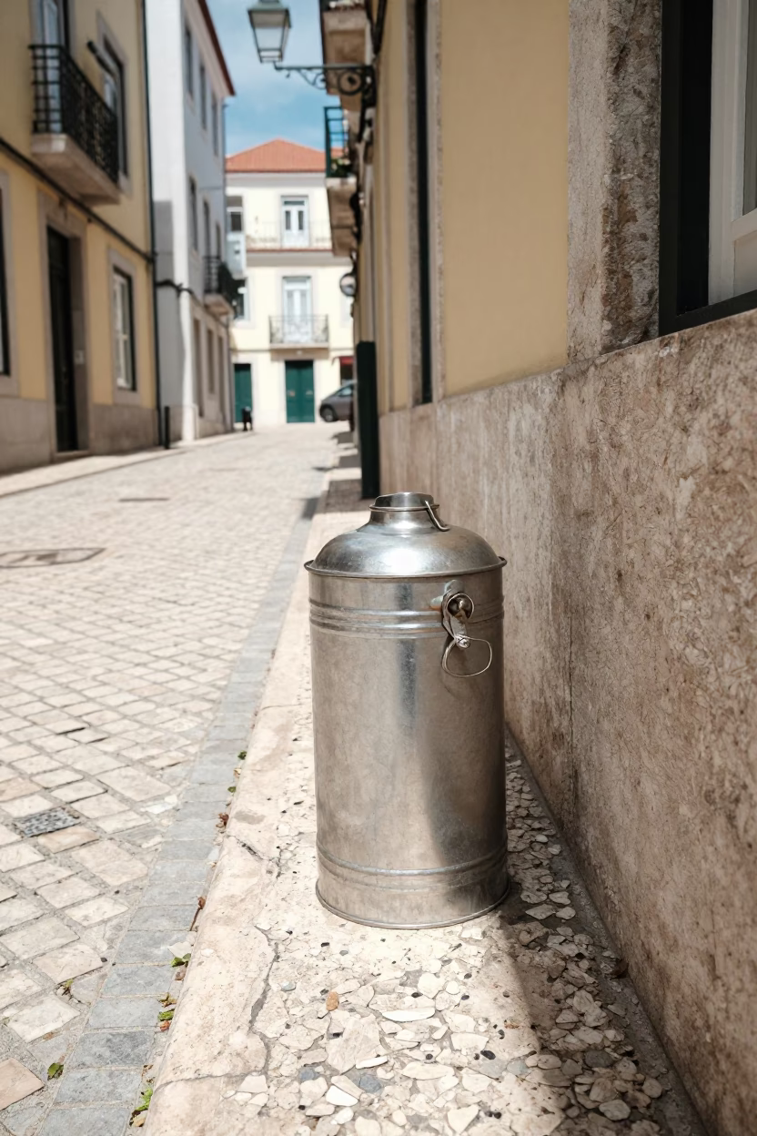 Lisbon Alleyway Noon Light Tiffin Tin and District Heating Pipe in in Lisbon, Portugal