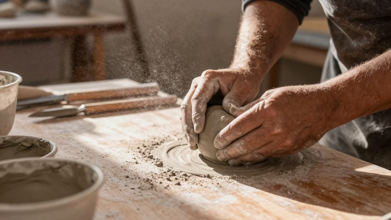 Lisbon artisan mixing clay on wooden workbench during late afternoon in in Lisbon, Portugal