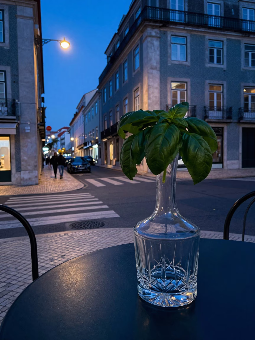 Lisbon Blue Hour Street Scene with Basil Leaves and Cut Glass Decanter in in Lisbon, Portugal