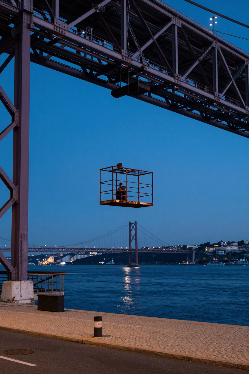 Lisbon Blue Hour Street Scene with Bridge Maintenance Cage and Local Life in in Lisbon, Portugal