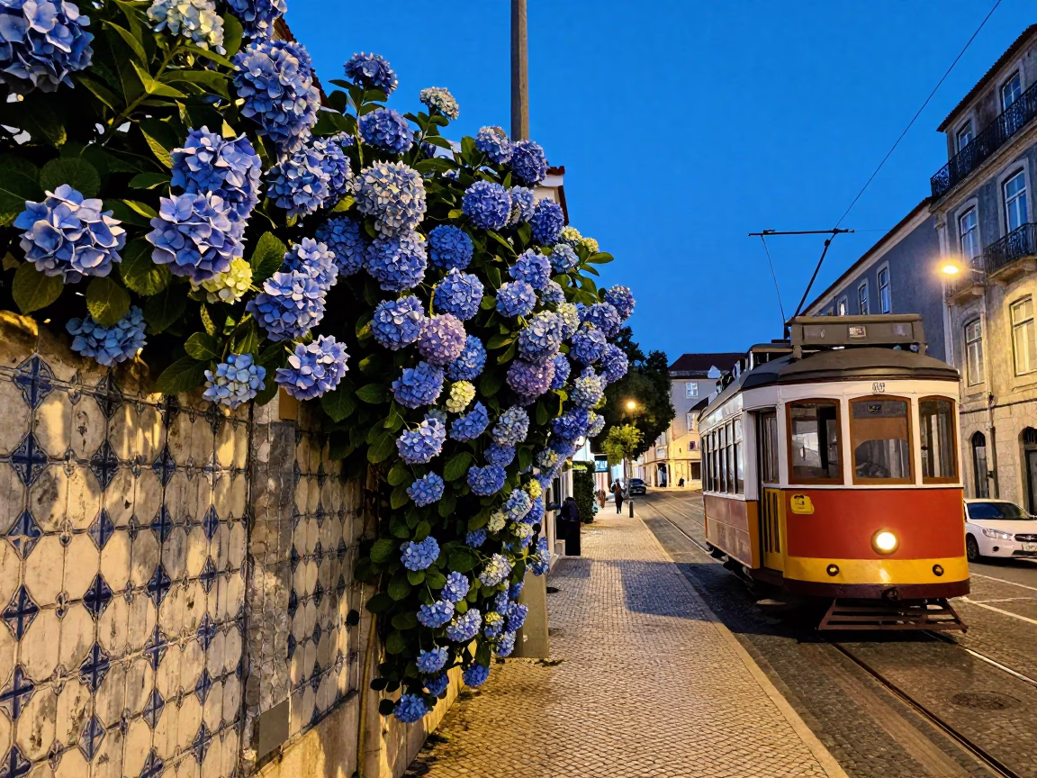 Lisbon Blue Hour Street Scene with Colorful Hydrangeas and Tram in in Lisbon, Portugal