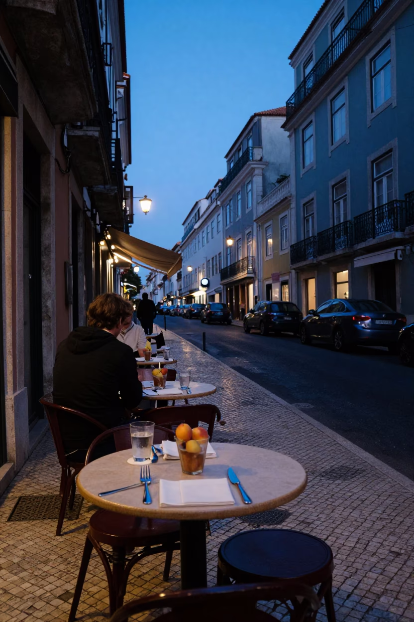 Lisbon Blue Hour Street Scene with Cutlery and Nectarines at Traditional Cafe in in Lisbon, Portugal