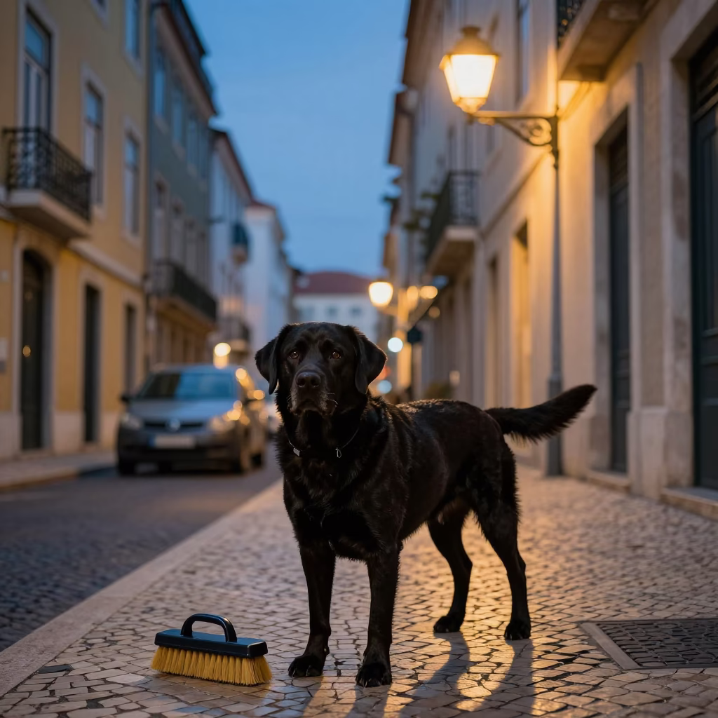 Lisbon Blue Hour Street Scene with Labrador Retriever and Shoe Brush in in Lisbon, Portugal
