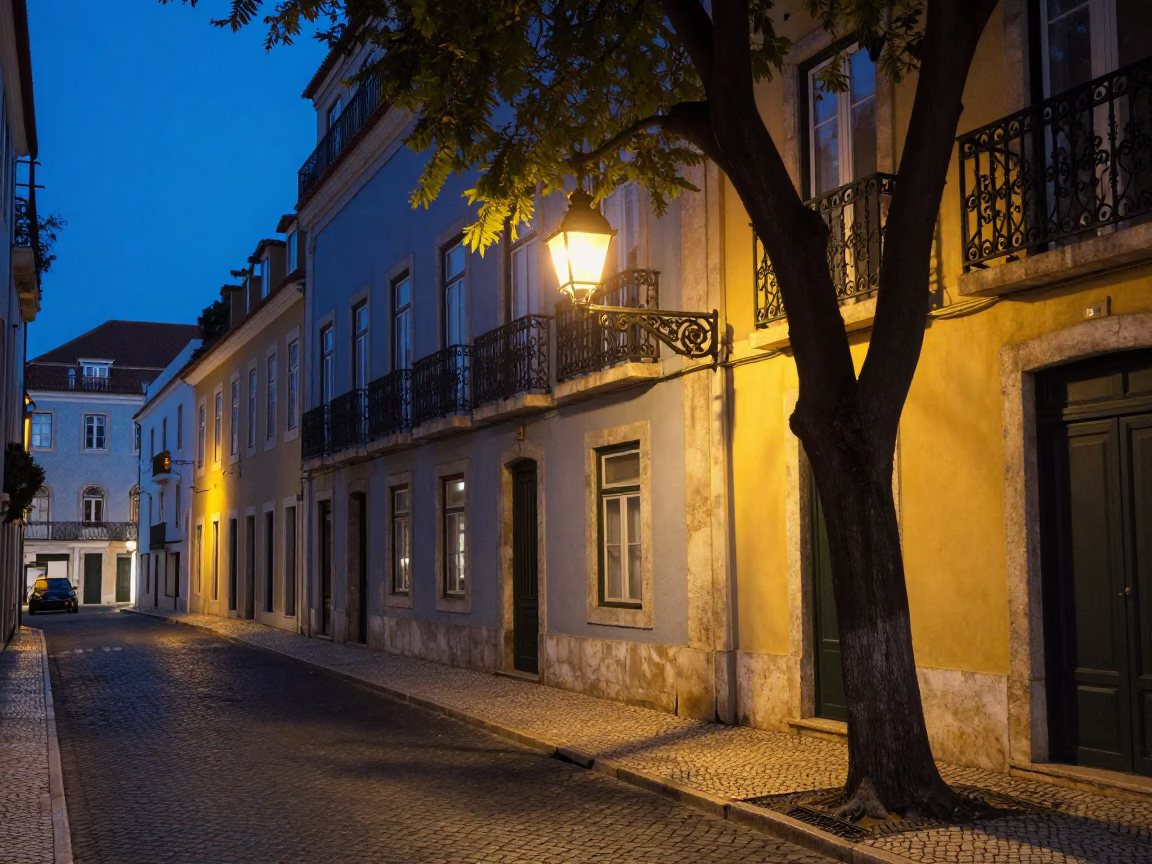 Lisbon Blue Hour Street Scene with Lantern and Fig Tree in in Lisbon, Portugal