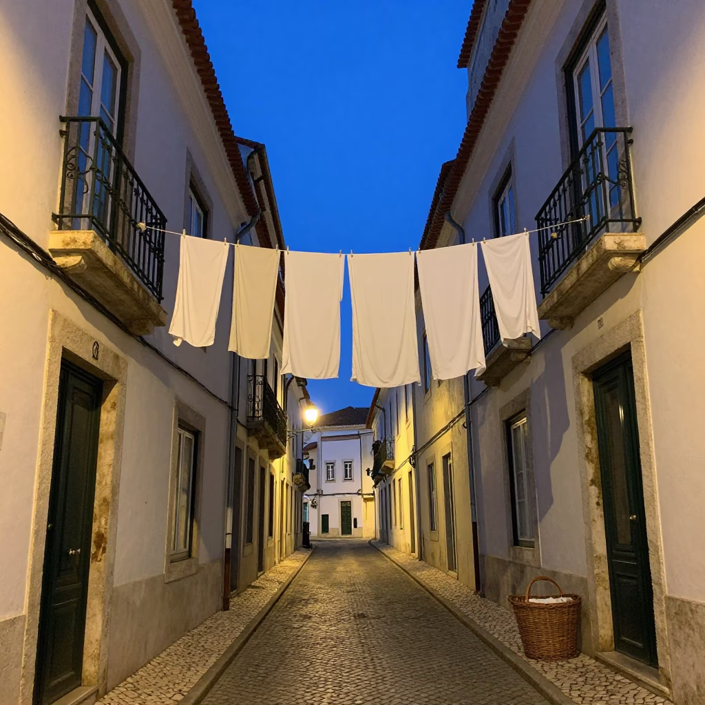 Lisbon Blue Hour Street Scene with Laundry Lines and Wicker Basket in in Lisbon, Portugal