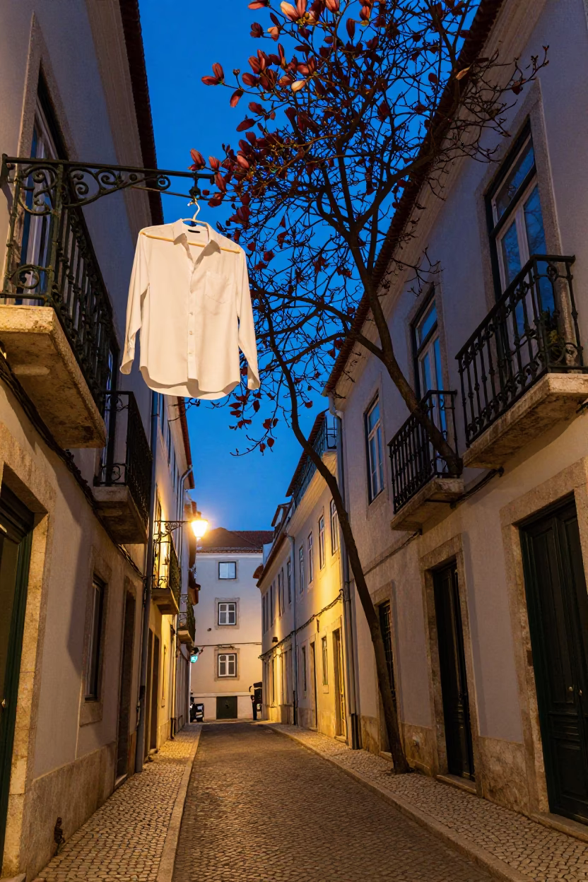 Lisbon Blue Hour Street Scene with Magnolia Tree and Shirt Hanger in in Lisbon, Portugal