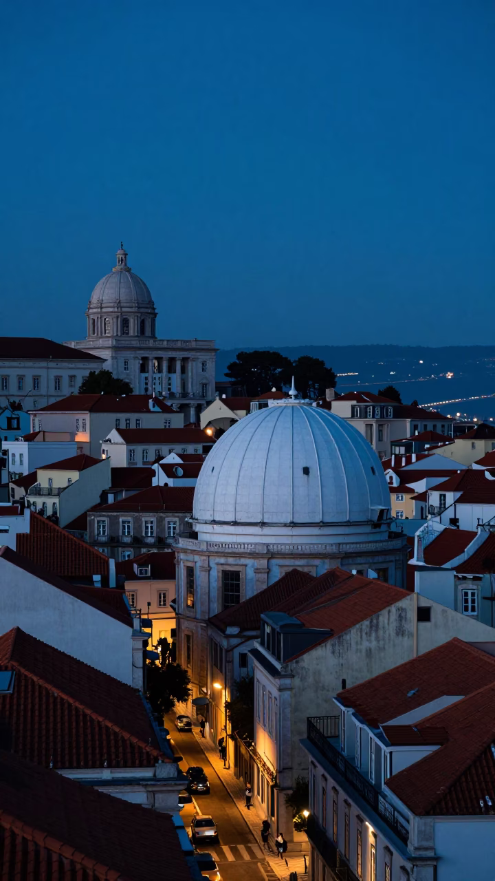 Lisbon Blue Hour Street Scene with Telescope Dome and Urban Horizon in in Lisbon, Portugal