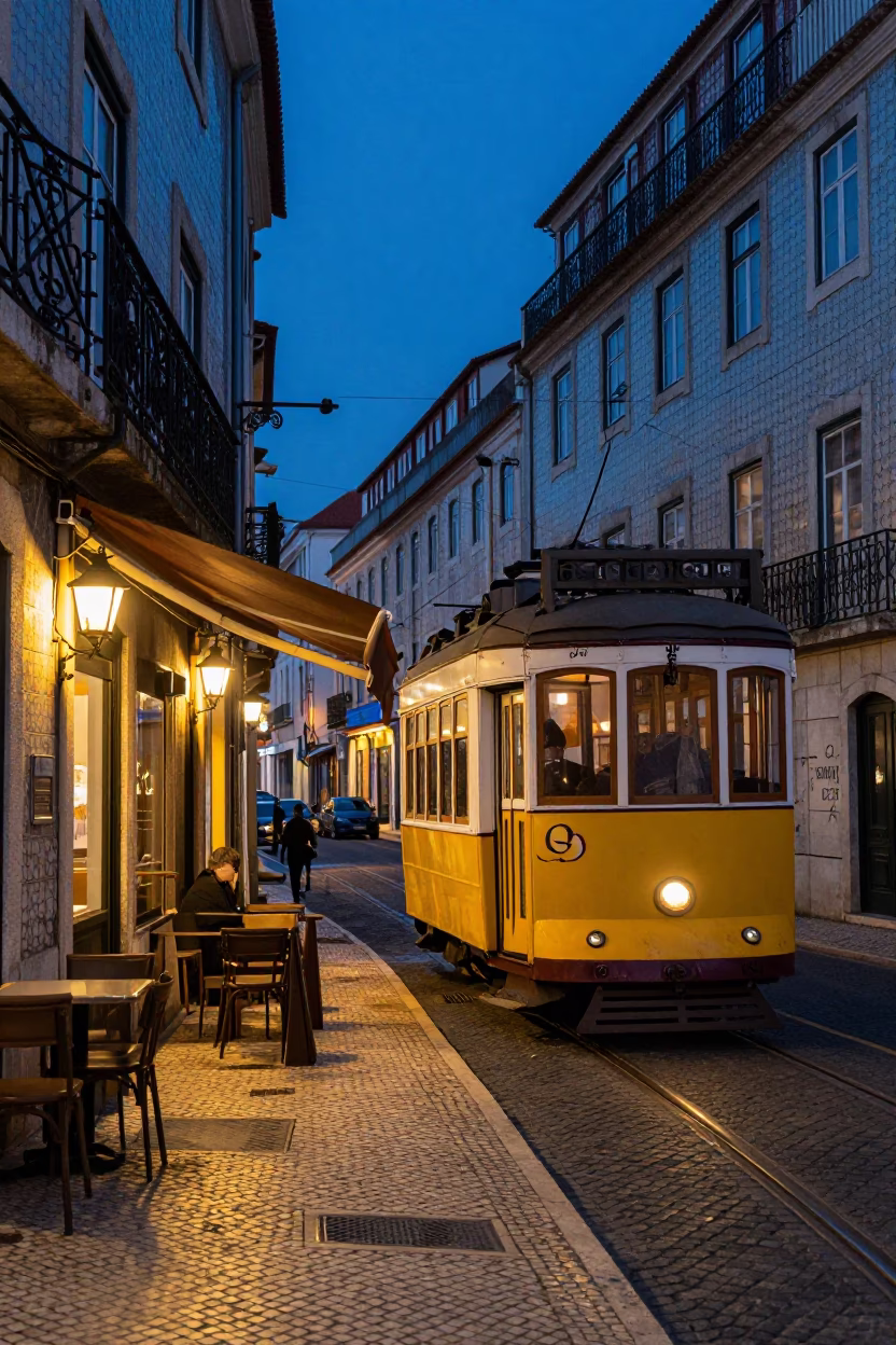 Lisbon blue hour street scene with tram and tiled buildings in in Lisbon, Portugal