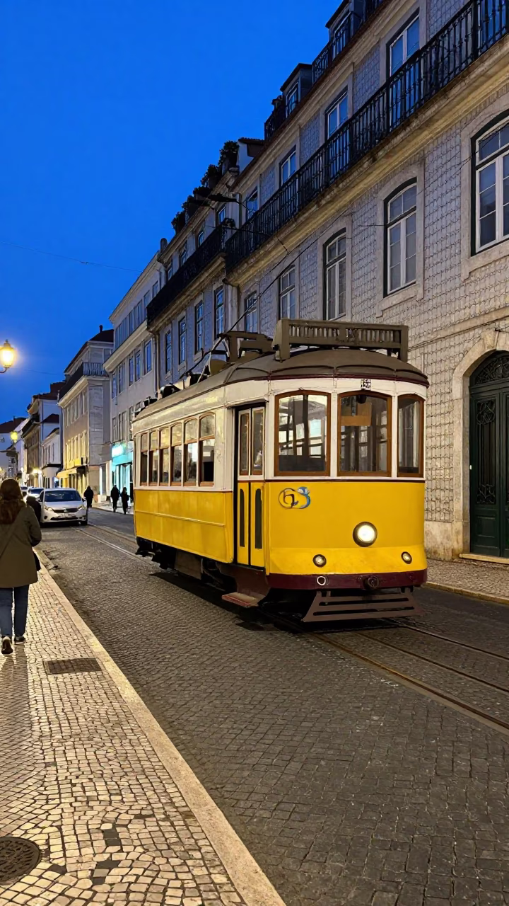 Lisbon Blue Hour Street Scene with Tram and Tiled Facades in in Lisbon, Portugal