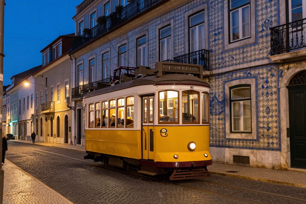 Lisbon Blue Hour Street Scene with Tram and Traditional Tiles in in Lisbon, Portugal