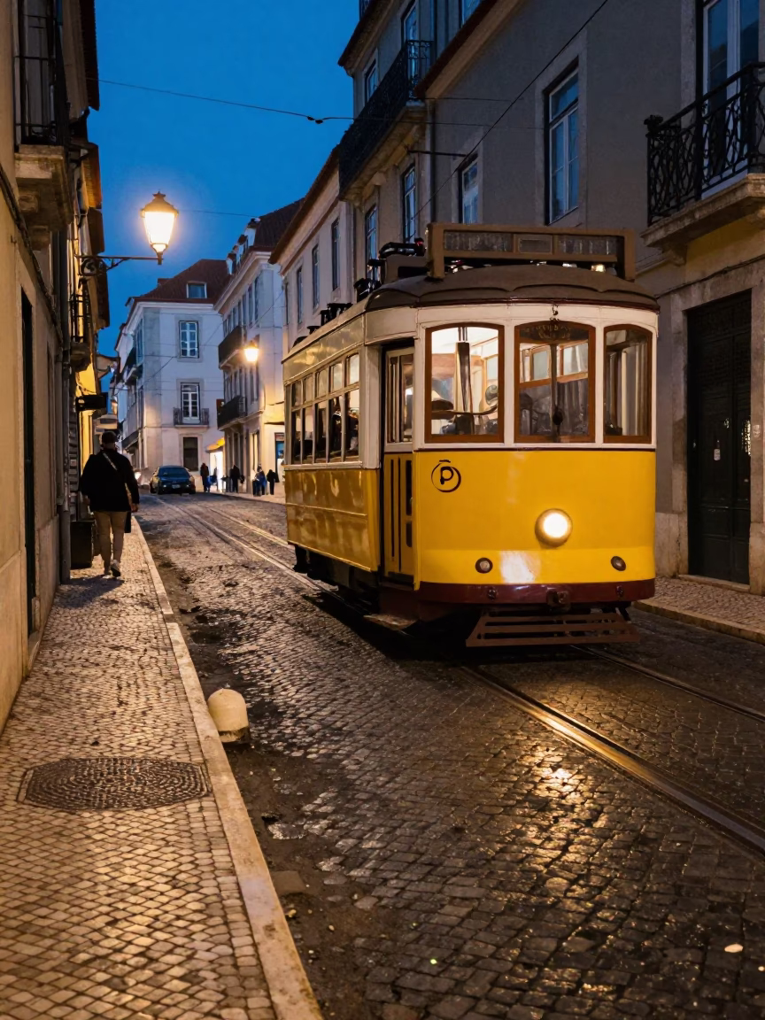 Lisbon Blue Hour Street Scene with Tram Tracks and Vintage Café Details in in Lisbon, Portugal