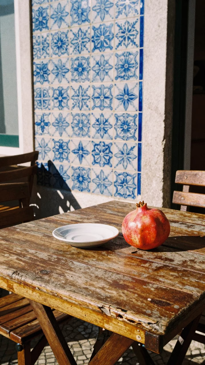 Lisbon Cafe Terrace Scene with Saucer and Pomegranate in Late Afternoon Light in in Lisbon, Portugal