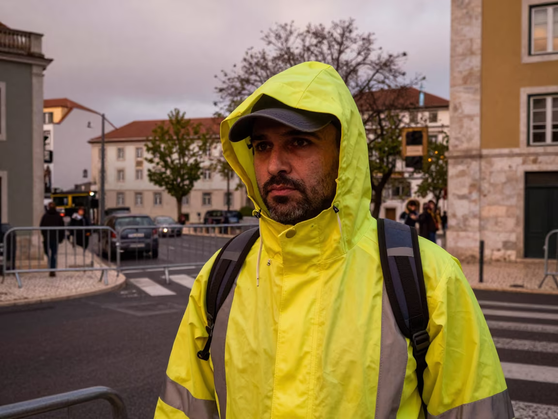 Lisbon Crossing Guard in Rain Gear in along barricaded protest routes in Lisbon
