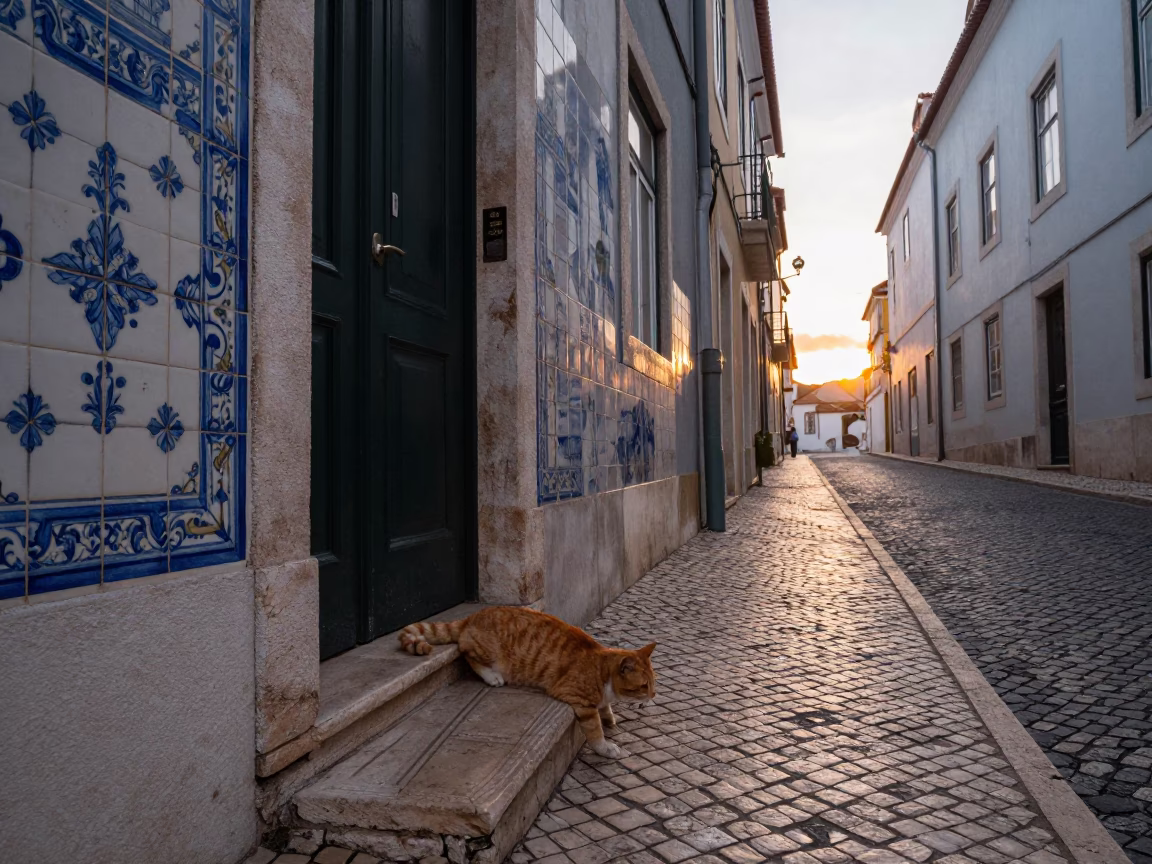 Lisbon Dawn Street Scene with Azulejo Tiles and Ginger Cat in in Lisbon, Portugal
