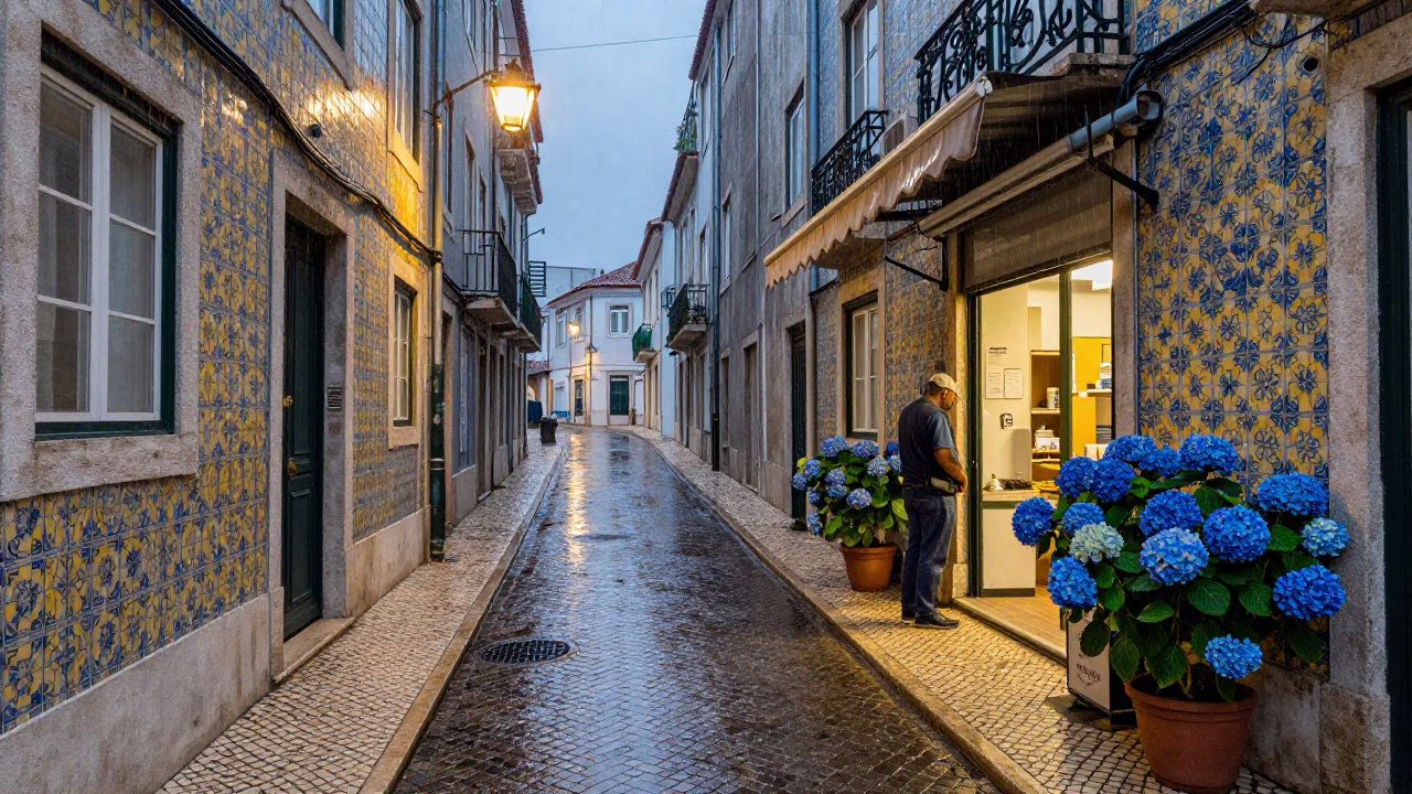 Lisbon Dusk Rain Mosaic Tiles and Hydrangeas in in Lisbon, Portugal