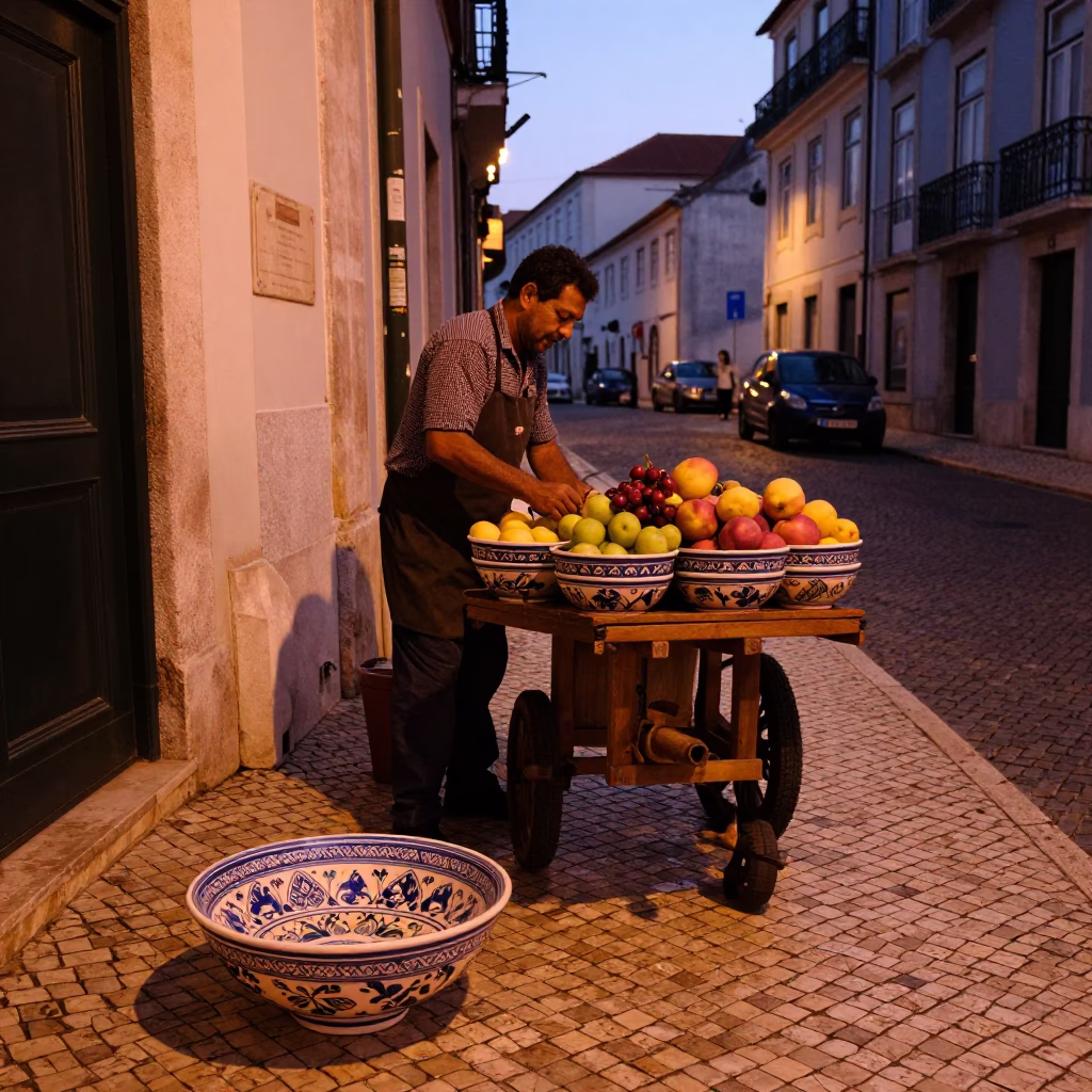 Lisbon Dusk Street Scene with Ceramic Bowl and Cobblestone Plaza in in Lisbon, Portugal