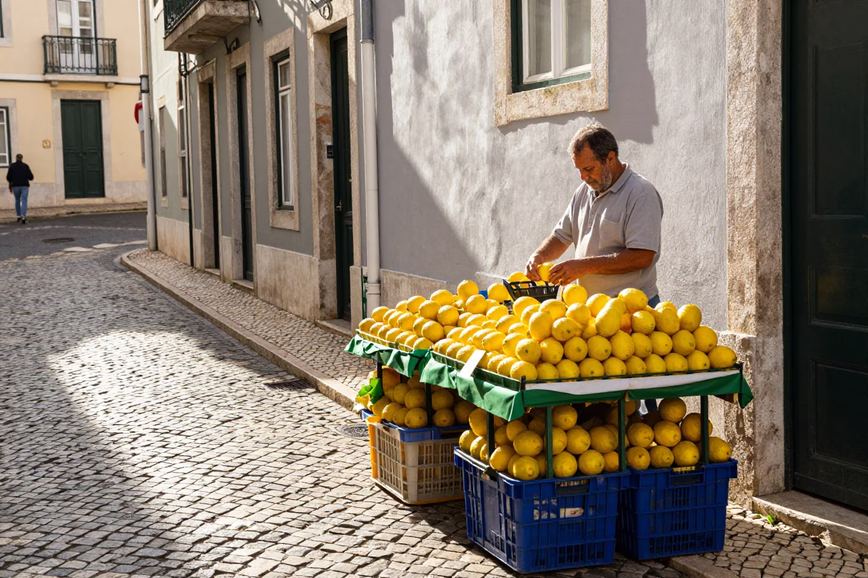 Lisbon Early Afternoon Street Scene with Lemon Stalls and Traditional Tile Architecture in in Lisbon, Portugal