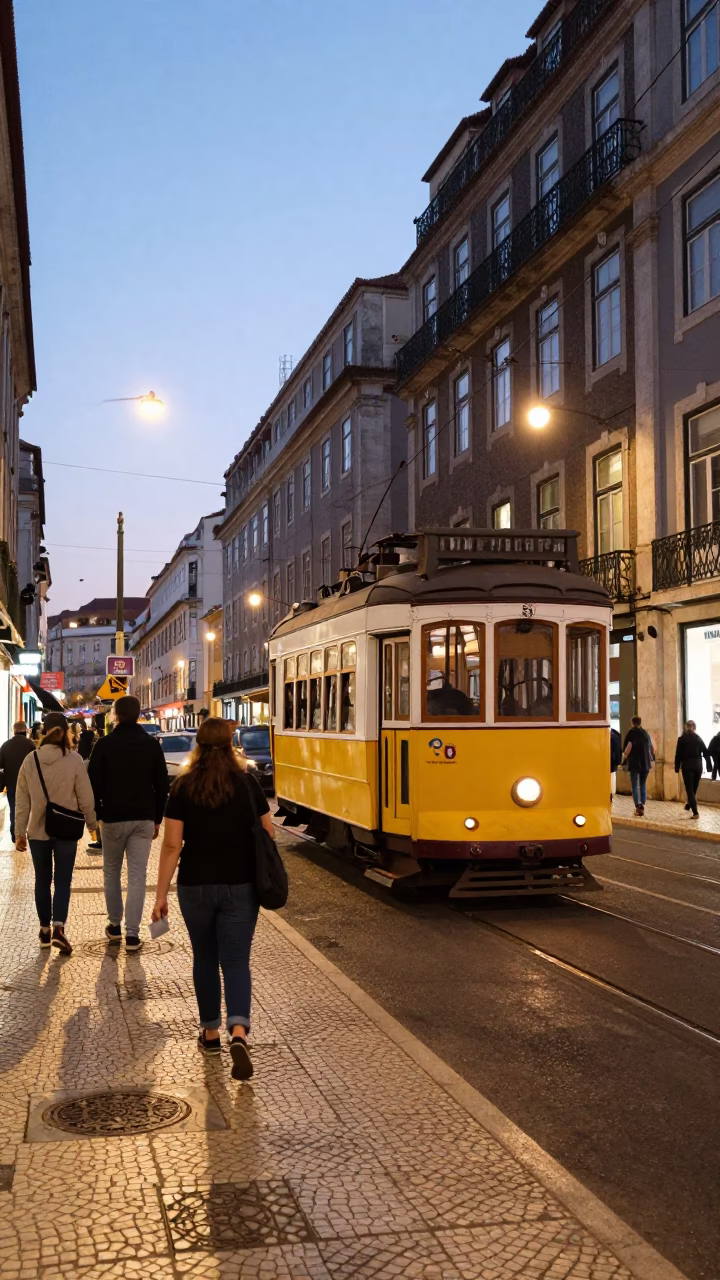 Lisbon Early Evening Street Scene with Tram and Pedestrians in in Lisbon, Portugal
