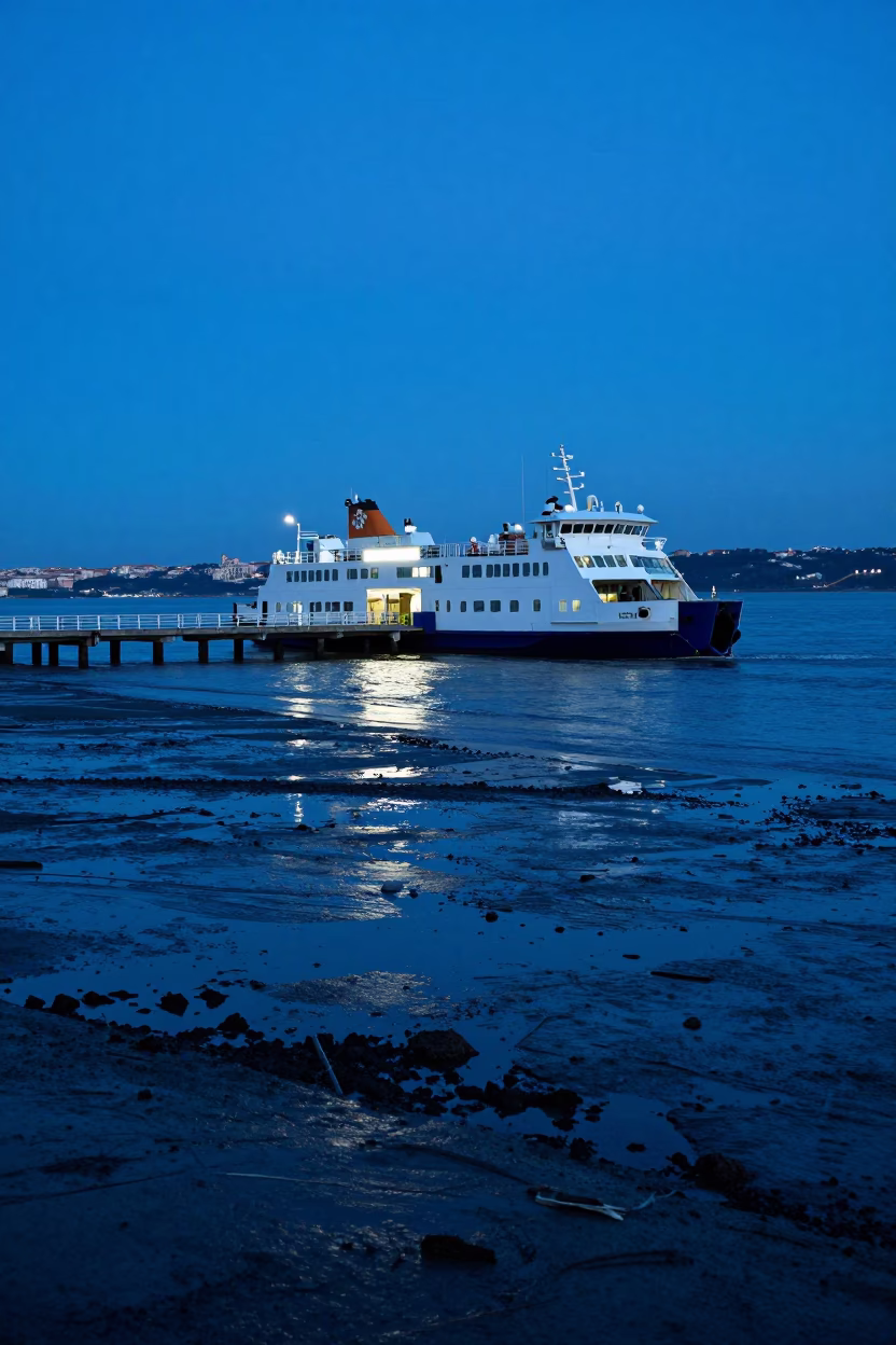 Lisbon Evening Blue Hour Ferry Terminal Low Tide Sea Fog Breakwater Scene in in Lisbon, Portugal